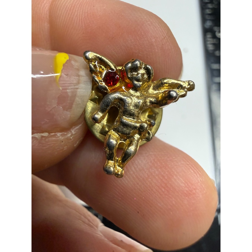 Vintage Gold Tone Cherub Angel Pin Red Rhinestone Cupid Lapel Pin Tie Tack